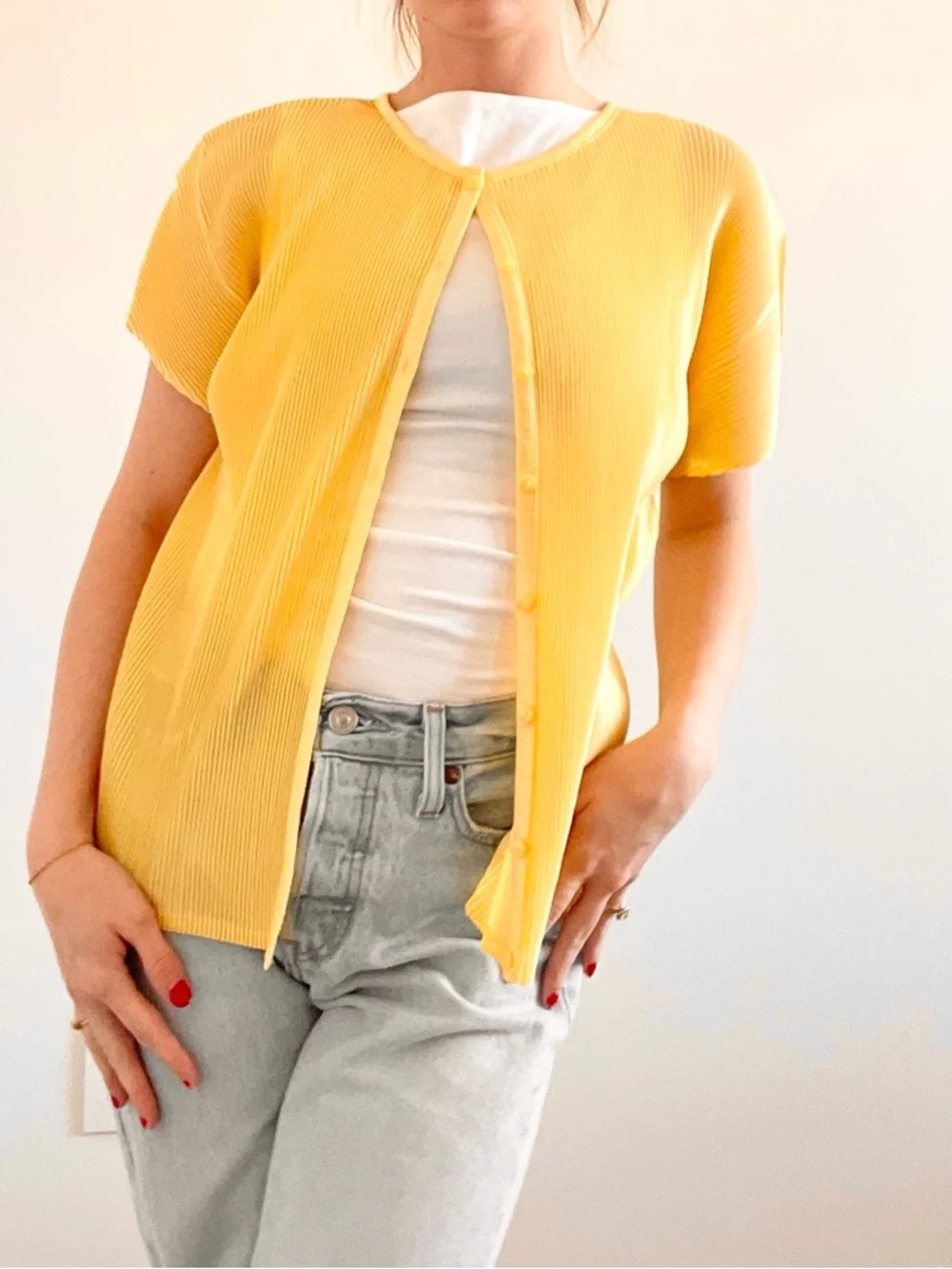 Vintage Sunny Yellow Ribbed Button Down Short Sleeve Cardigan